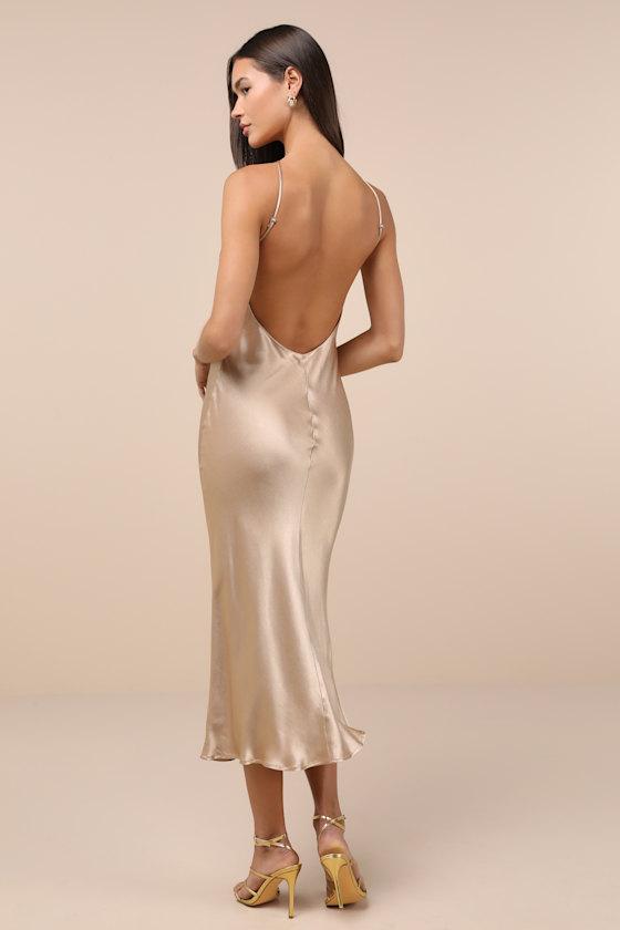 Sleek and Sweet Champagne Satin Cutout Backless Slip Midi Dress Product Image