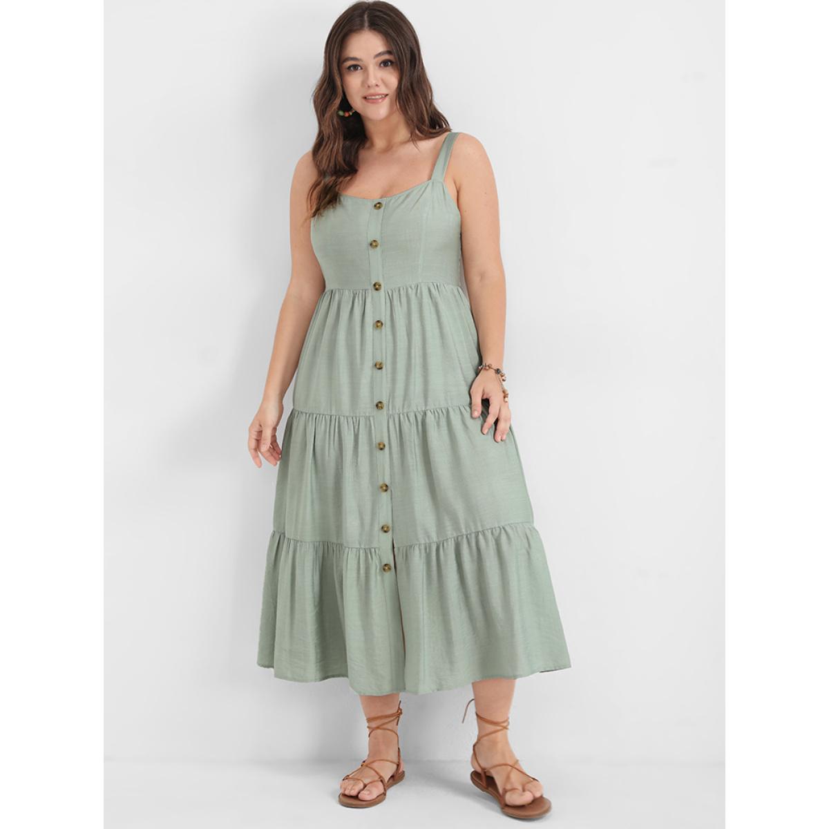 Plus Size Solid Ruffles Button Backless Shirred Tank Dress LightGreen Women Elegant Elastic Waist Spaghetti Strap Sleeveless Curvy Long Dress BloomChic 30/6X Product Image