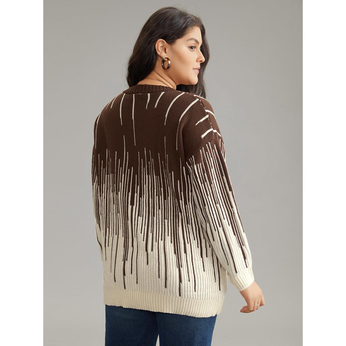 Plus Size Striped Ombre Textured Elastic Cuffs Pullover DarkBrown Women Casual Loose Long Sleeve Round Neck Everyday Pullovers BloomChic 18-20/2X Product Image