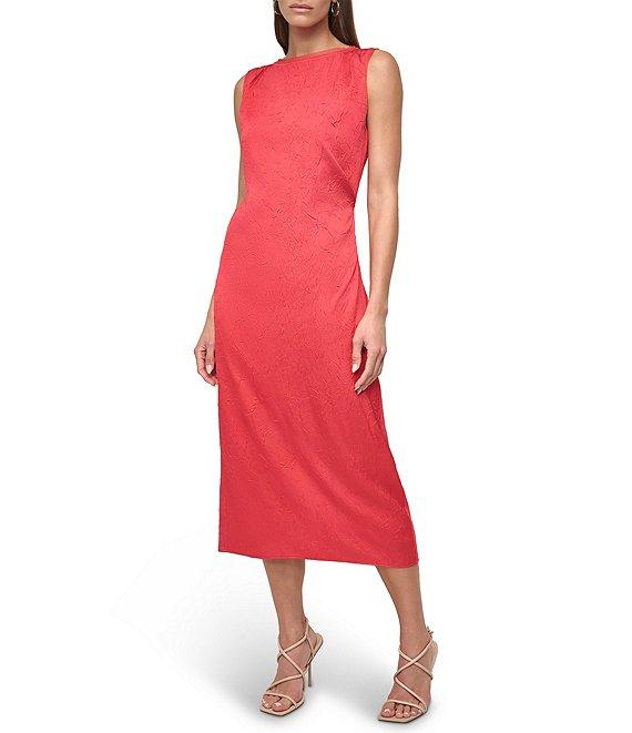 DKNY by Donna Karan Ruched Shoulder Textured Satin Charmeuse Sheath Midi Dress Product Image