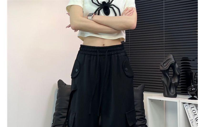 Low Rise Plain Drawstring Wide Leg Cargo Pants Product Image