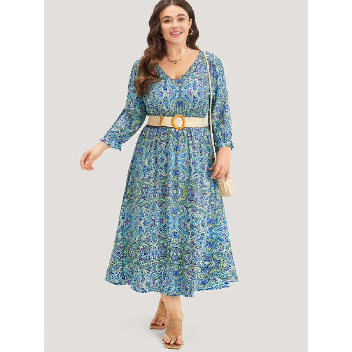 Plus Size Paisley Print Shirred Flutter Trim Dress Blue Women Resort Elastic cuffs V-neck Long Sleeve Curvy Midi Dress BloomChic 30/6X Product Image