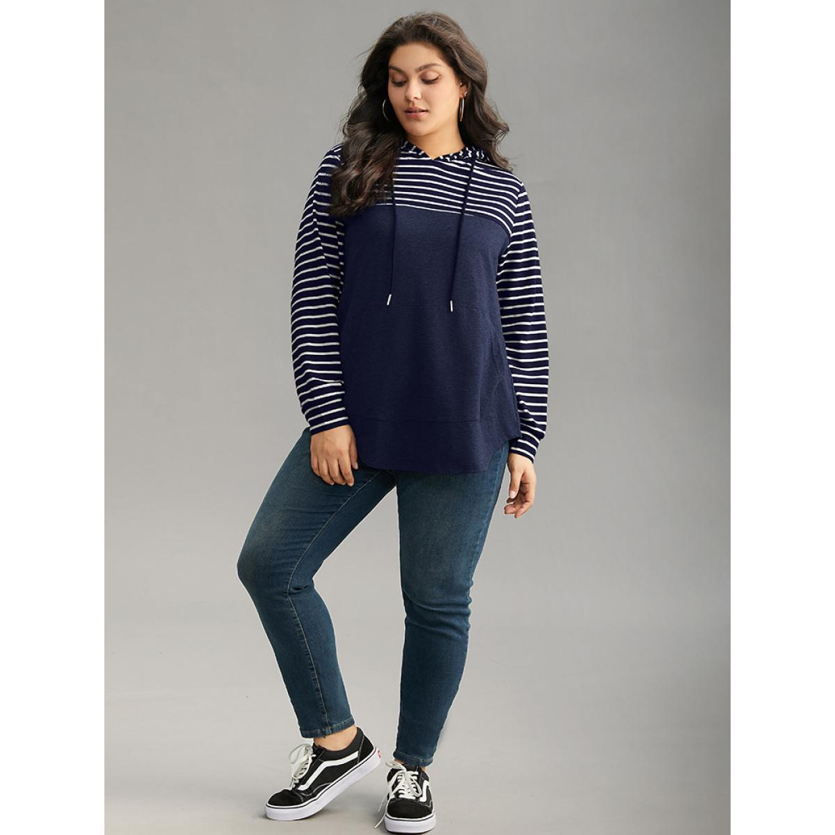 Plus Size Striped Patchwork Hooded Pocket Drawstring Sweatshirt Women Indigo Casual Contrast Hooded Everyday Sweatshirts BloomChic 10/M Product Image