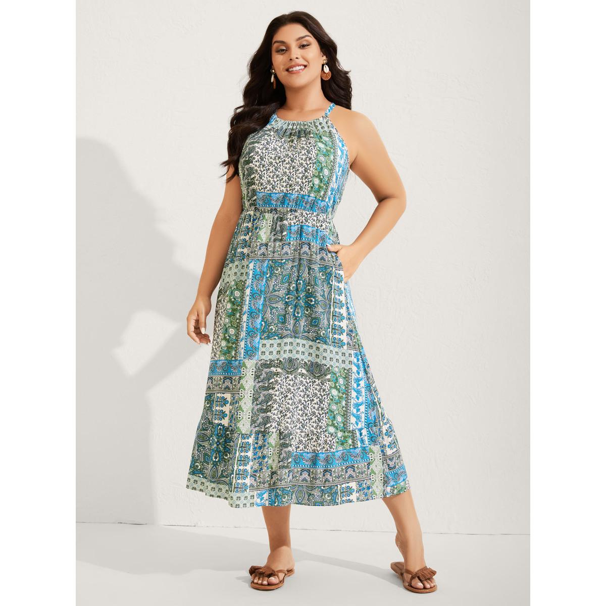 Plus Size Boho Print Halter Neck Pockets Midi Dress Multicolor Women Tie knot Round Neck Sleeveless Curvy BloomChic 14-16/1X Product Image