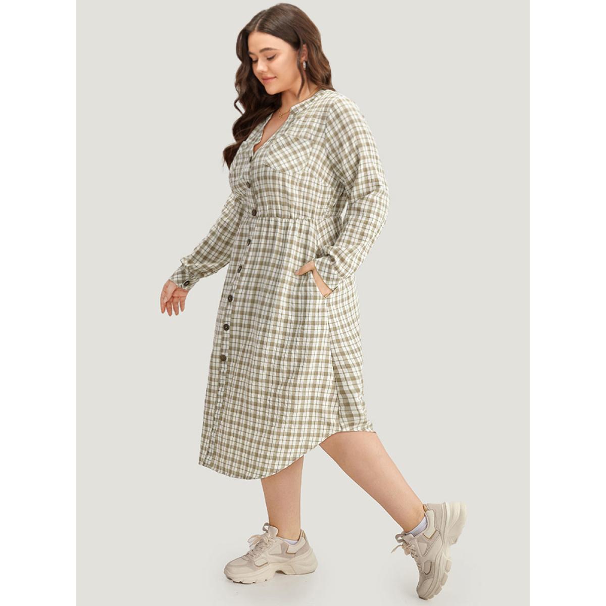 Plus Size Gingham Button Through Arc Hem Dress Sage Women Casual Printed Notched collar Long Sleeve Curvy Midi Dress BloomChic 26/4X Product Image