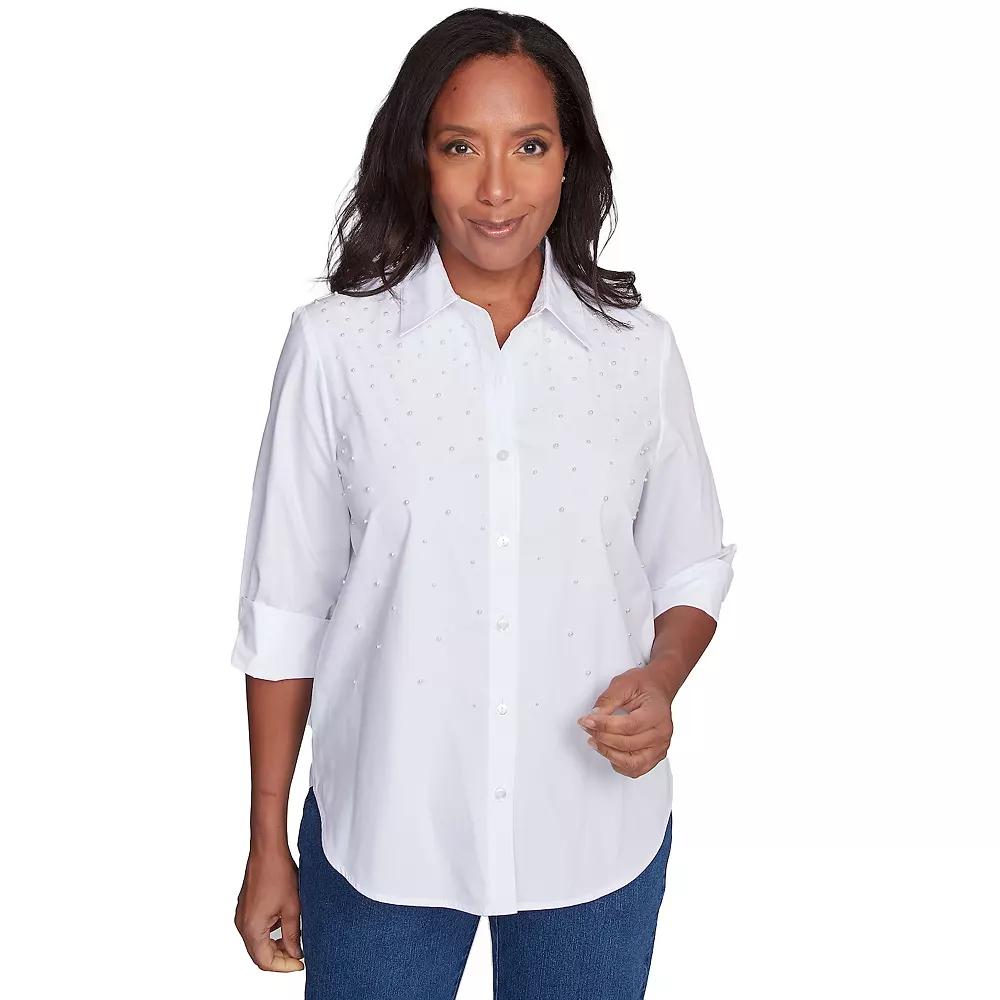 Petite Alfred Dunner Pearl Studded Button Down Top, Women's,  Product Image