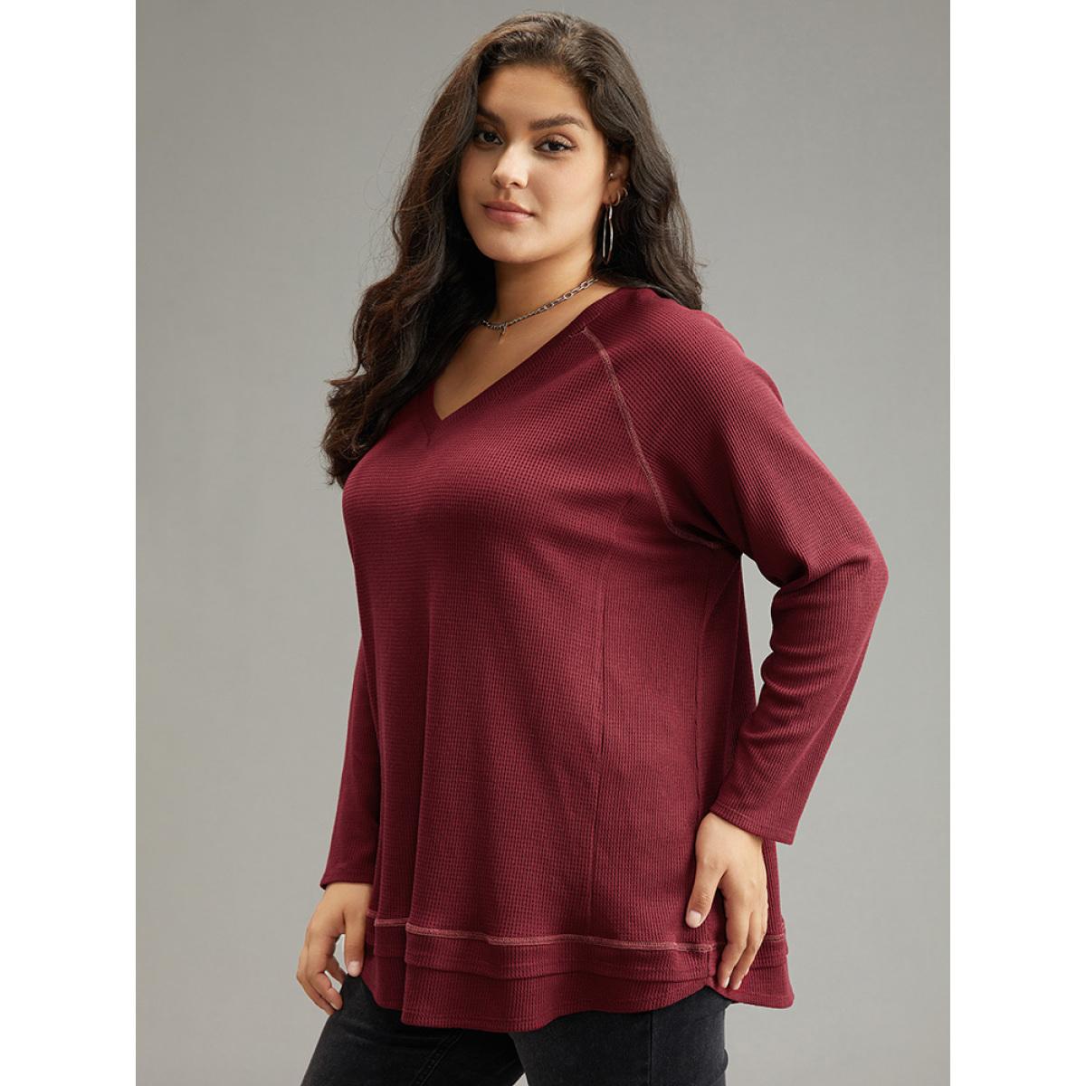 Plus Size Plain Textured Stitch Raglan Sleeve Sweatshirt Women Burgundy Casual Plain V-neck Everyday Sweatshirts BloomChic 12/L Product Image