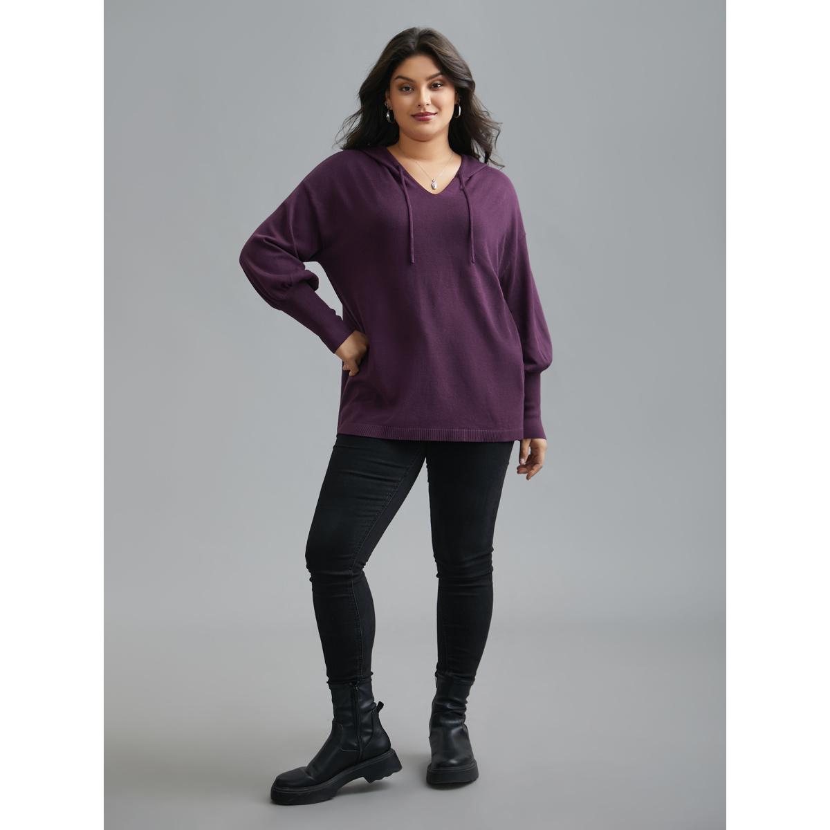 Plus Size Drop Shoulder Slim-Fit Hooded Pullover Eggplant Women Casual Loose Long Sleeve Hooded Everyday Pullovers BloomChic 12/L Product Image