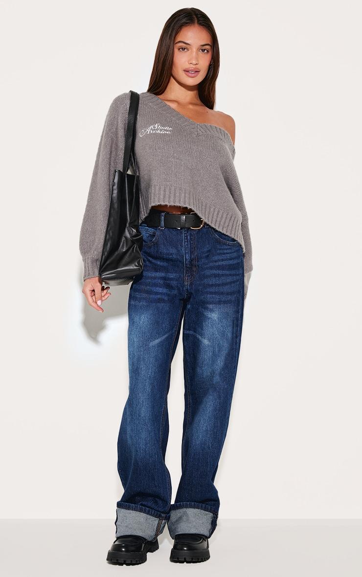  Grey Soft Knit Embroidered Slouchy Cropped Sweater Product Image