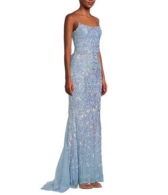 B. Darlin Sequin Pattern Spaghetti Strap Scoop Neck Lace-Up-Back Dress Product Image