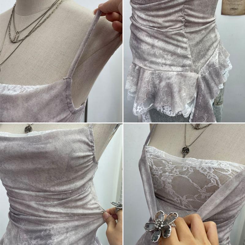 Asymmetrical Ruffle Trim Lace Panel Mesh Slim Fit Camisole Top Product Image