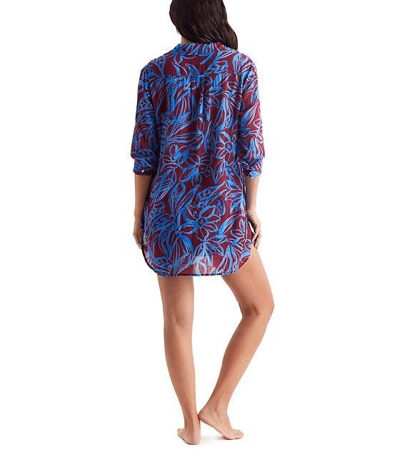 Mimi Flamingo Oasis Laguna Gauze Woven Point Collar Button Front Shirt Swim Cover-Up Product Image