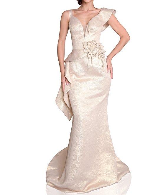 Terani Couture V-Neck Asymmetrical Sleeve Beaded Waist Side Peplum Gown Product Image