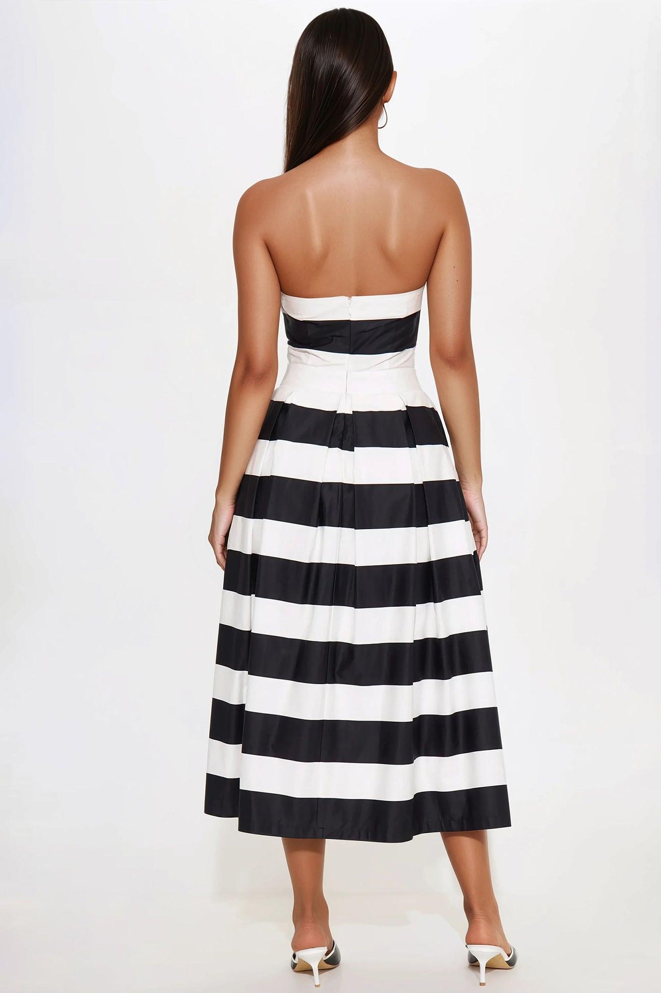 Paula Pleated Striped Midi Dress - Black/White Product Image