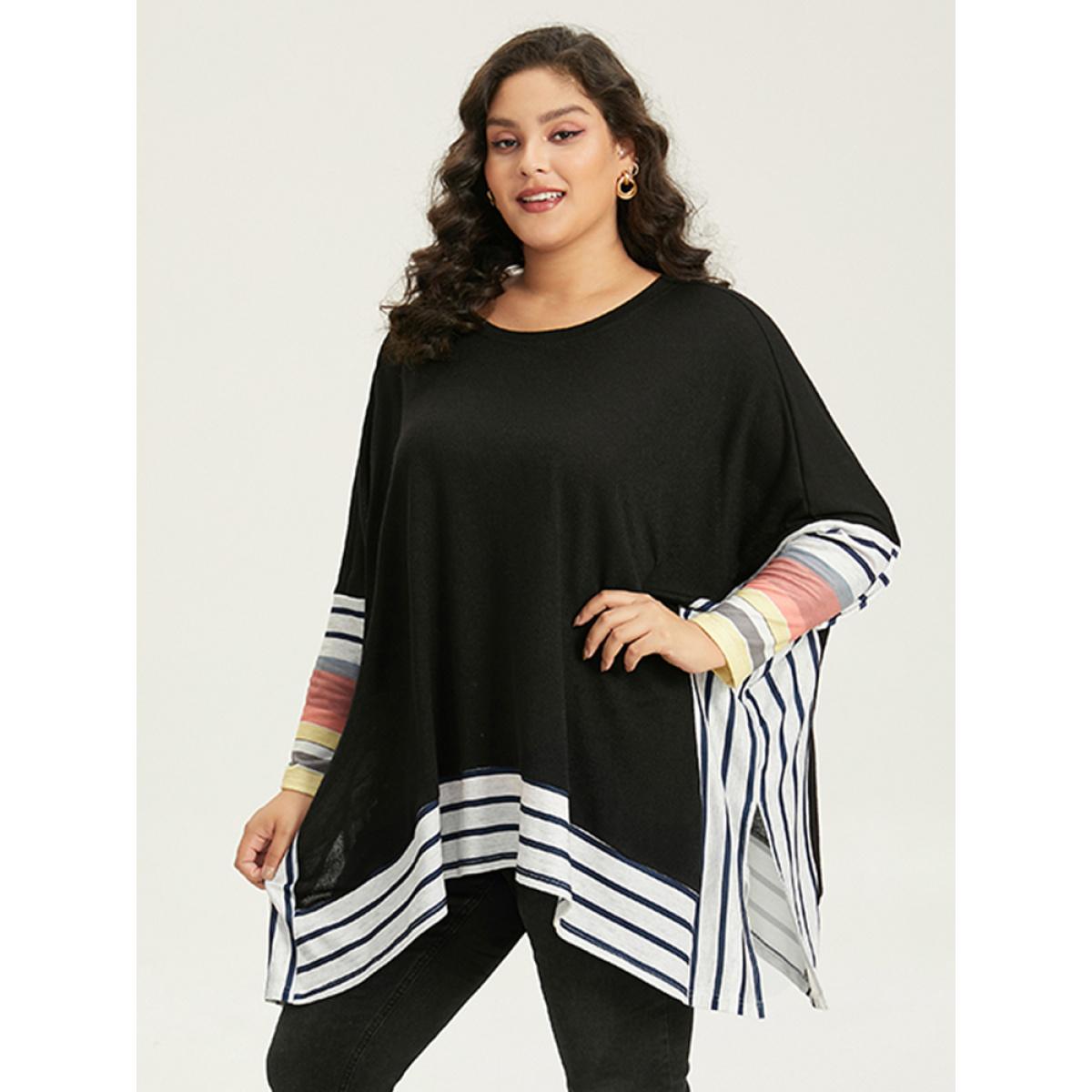 Plus Size Striped Patchwork Colorblock Contrast Crew Neck Sweatshirt Women Black Casual Contrast Round Neck Dailywear Sweatshirts BloomChic 10/M Product Image