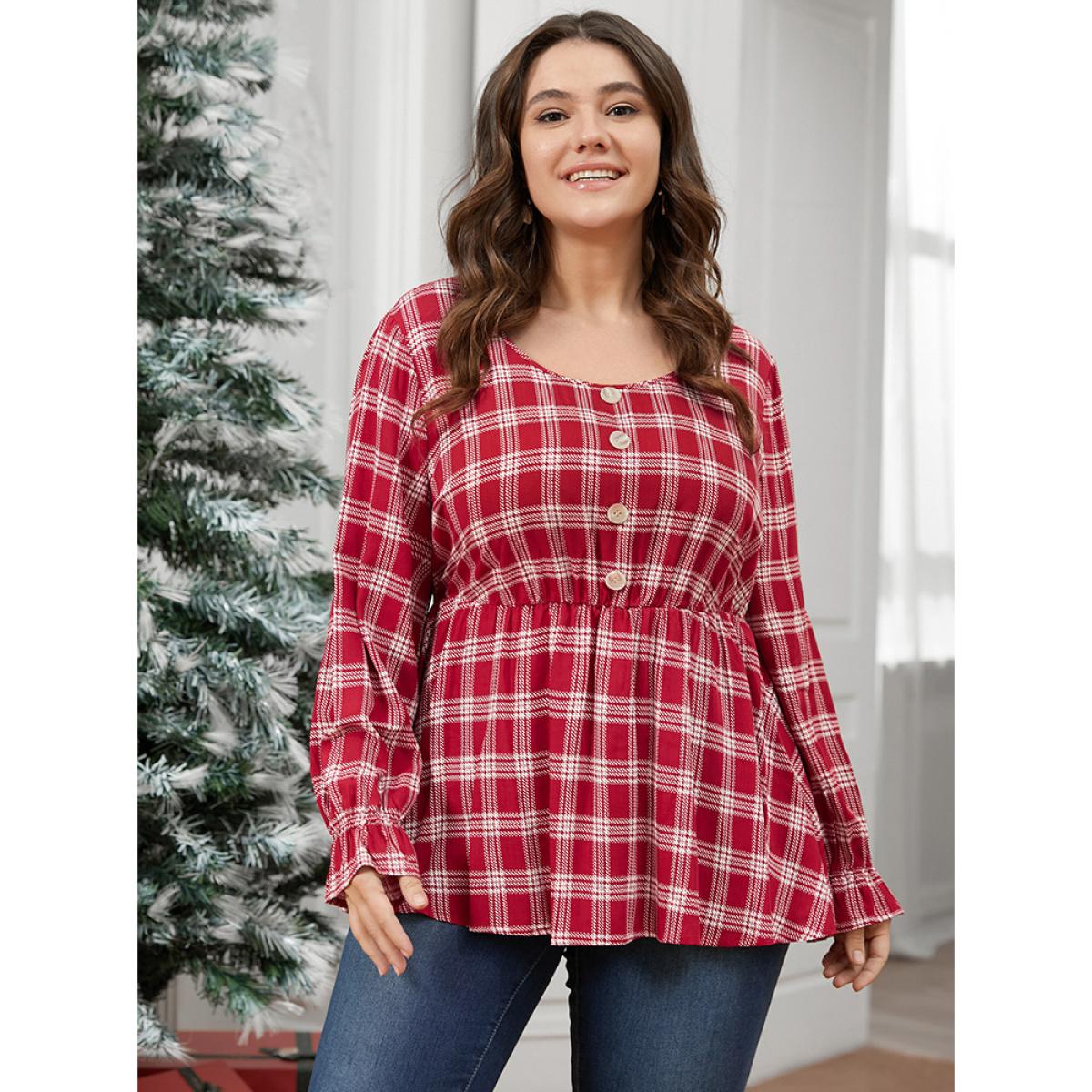 Plus Size Raspberry Tartan Button Detail Lantern Sleeve Blouse Women Elegant Long Sleeve V-neck Dailywear Blouses BloomChic 26/4X Product Image