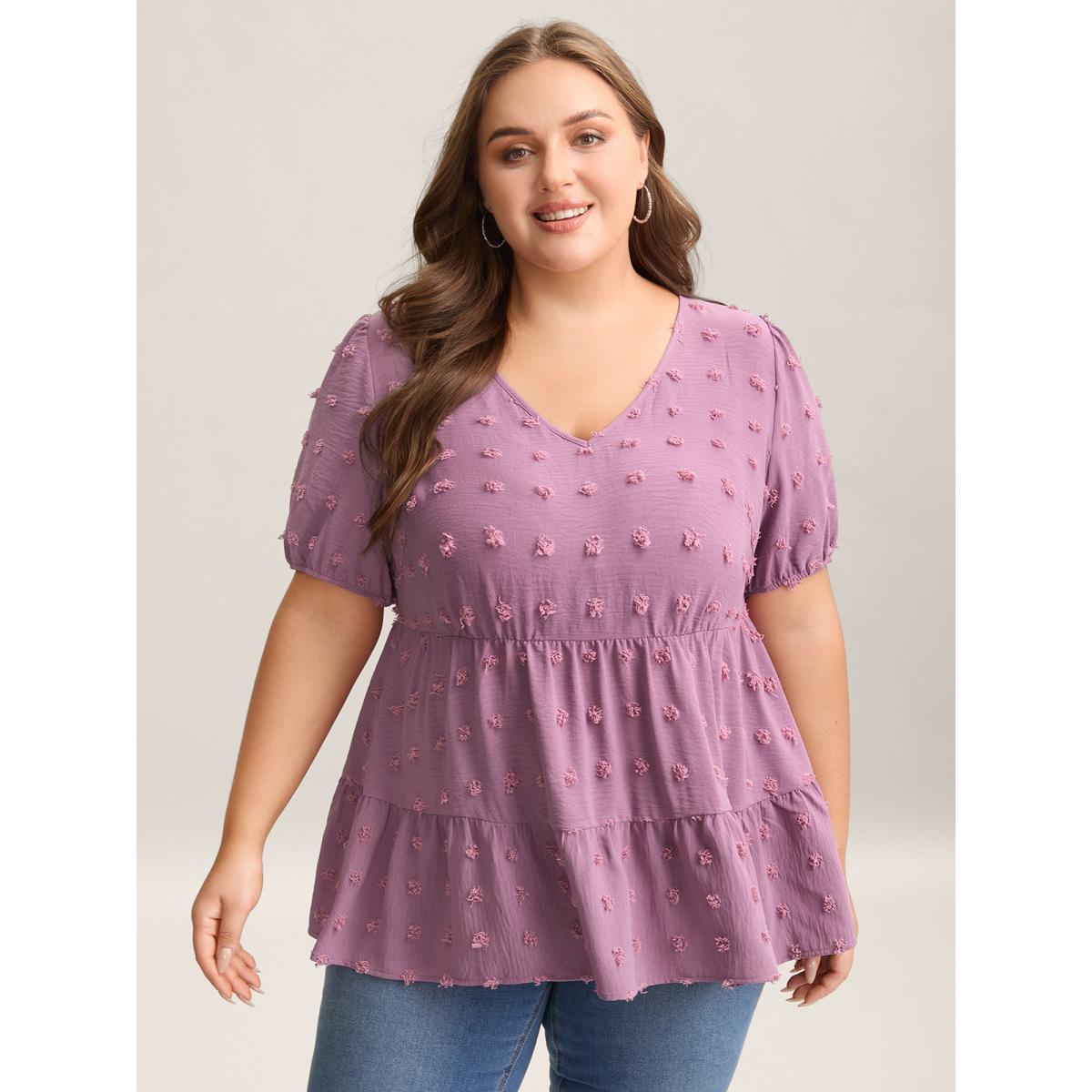 Plus Size Mauve Textured Puff Sleeve Tiered Blouse Women Casual Short sleeve V-neck Everyday Blouses BloomChic 10/M Product Image