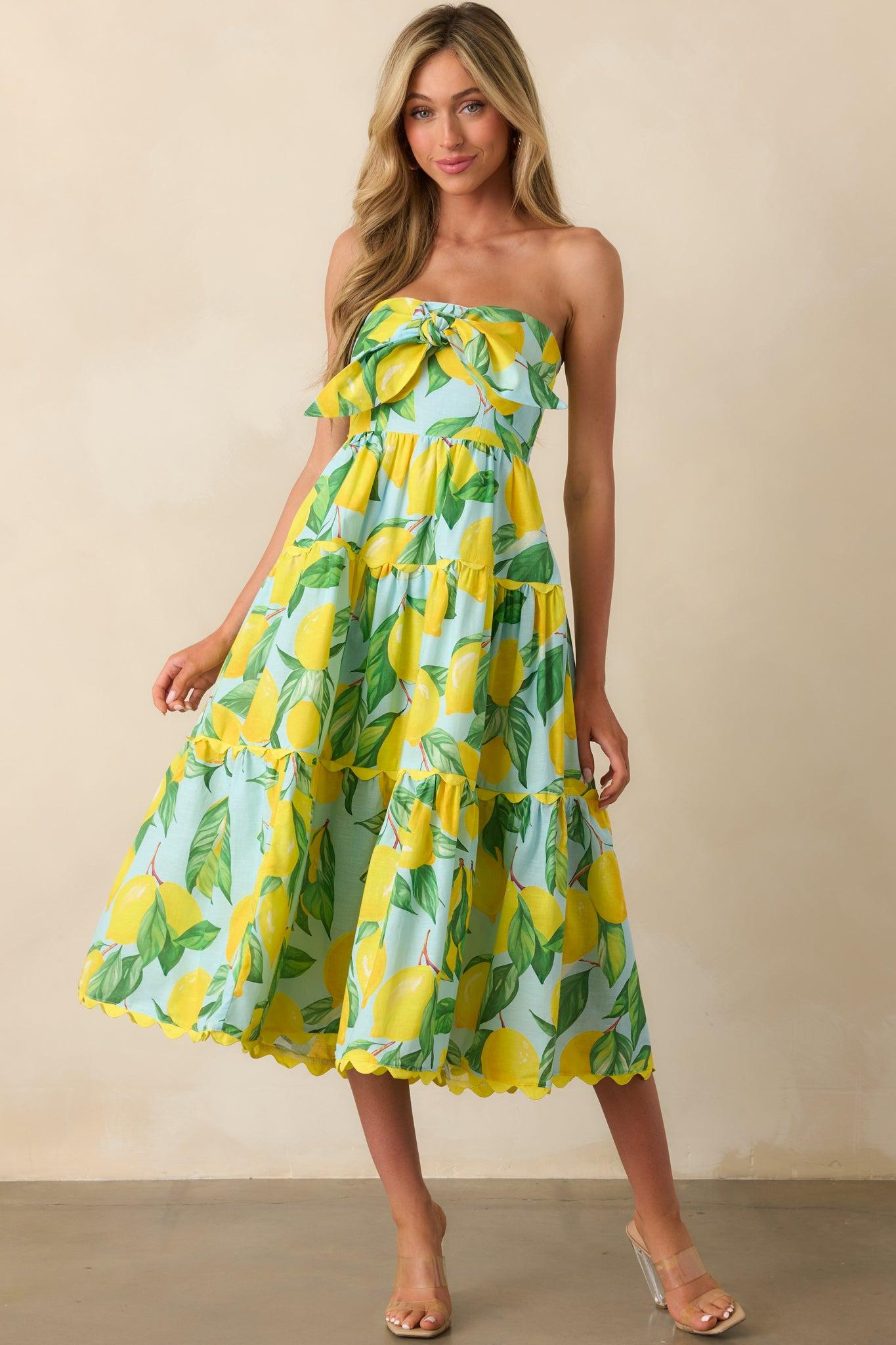 Prosperina Elena Blue Lemon Print Linen Strapless Midi Dress Product Image