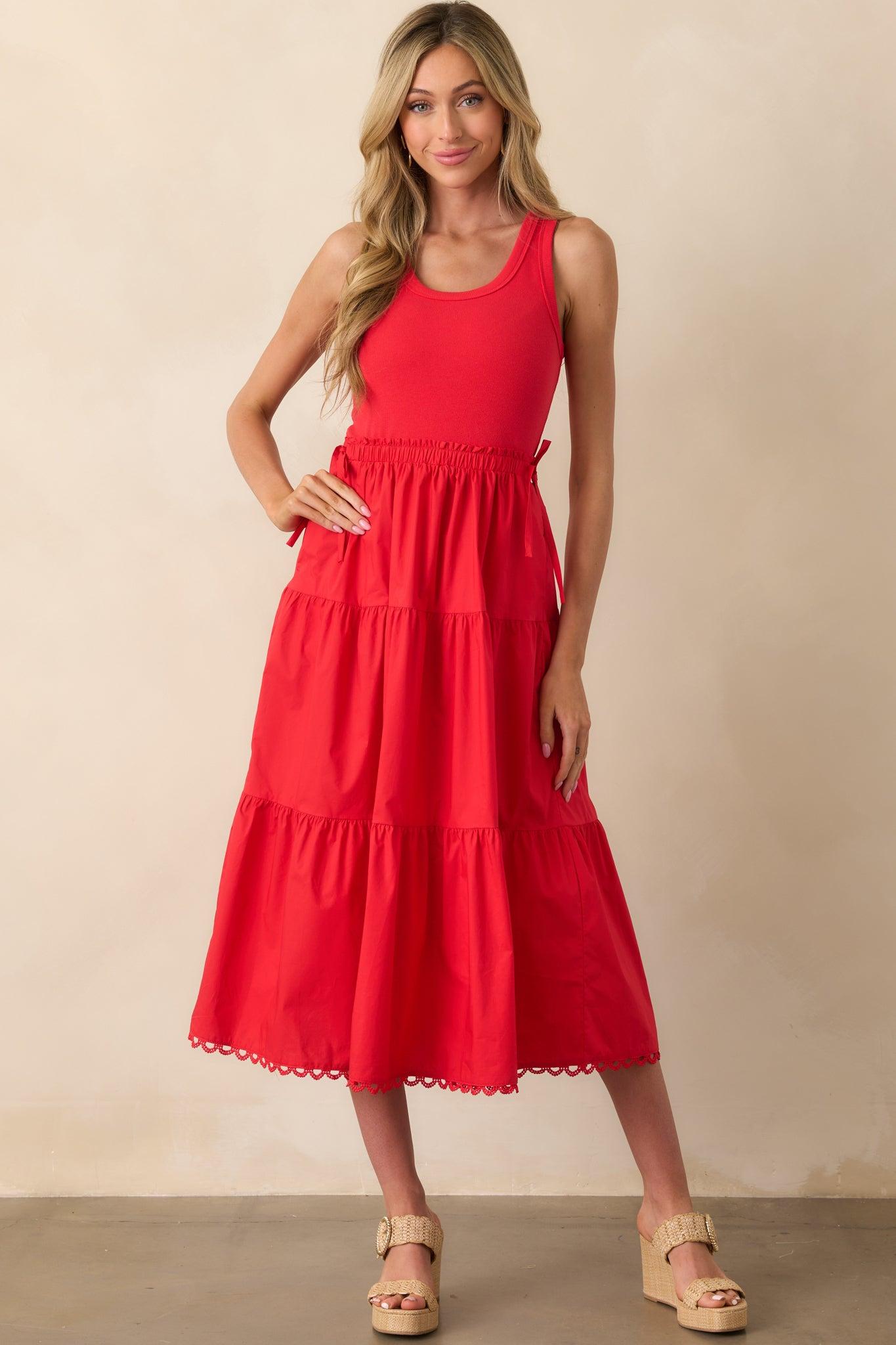 Always The Right Time Red Cotton Sleeveless Midi Dress Product Image