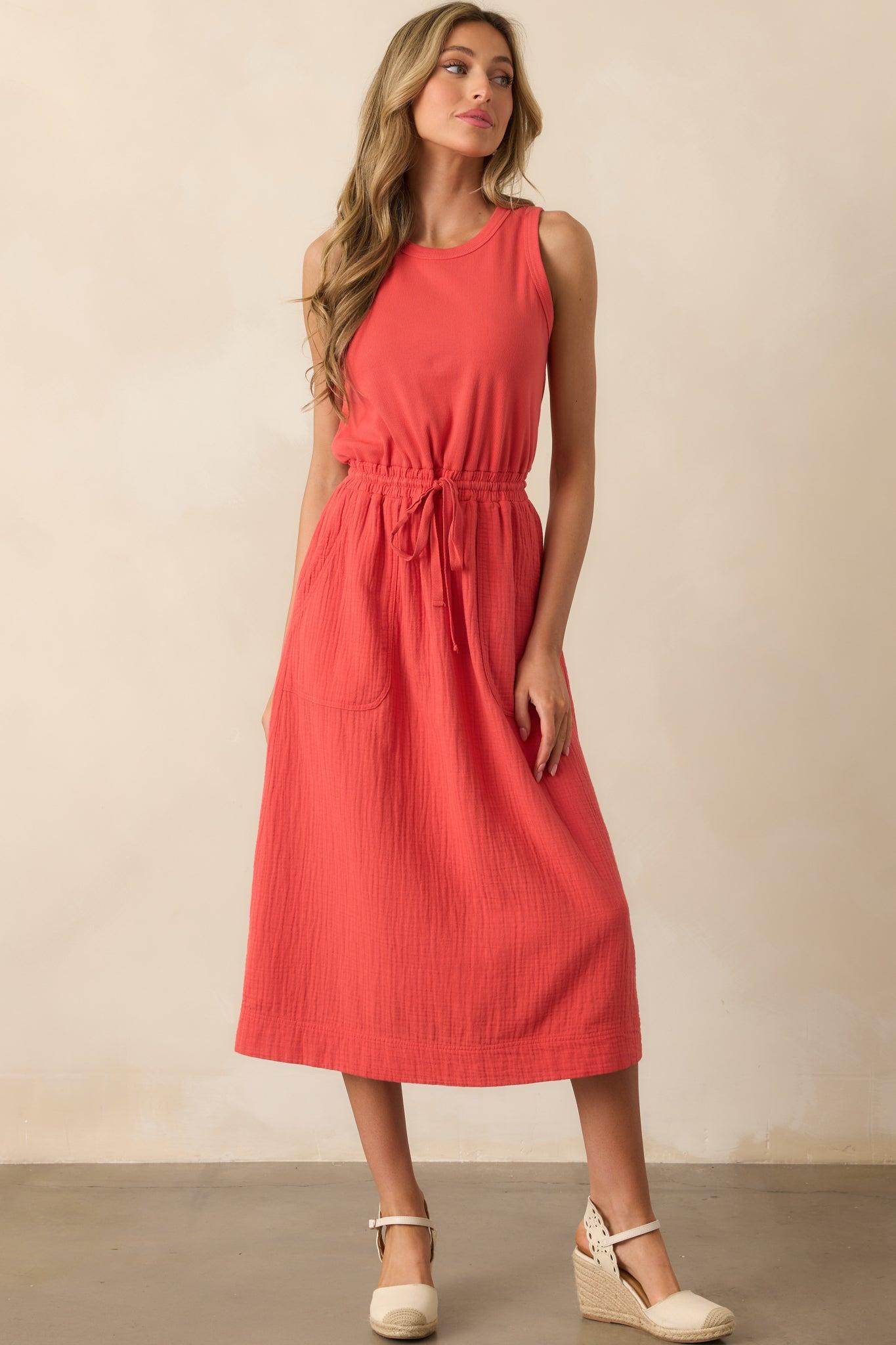 Moving Slowly Tomato Red Cotton Gauze Sleeveless Midi Dress Product Image