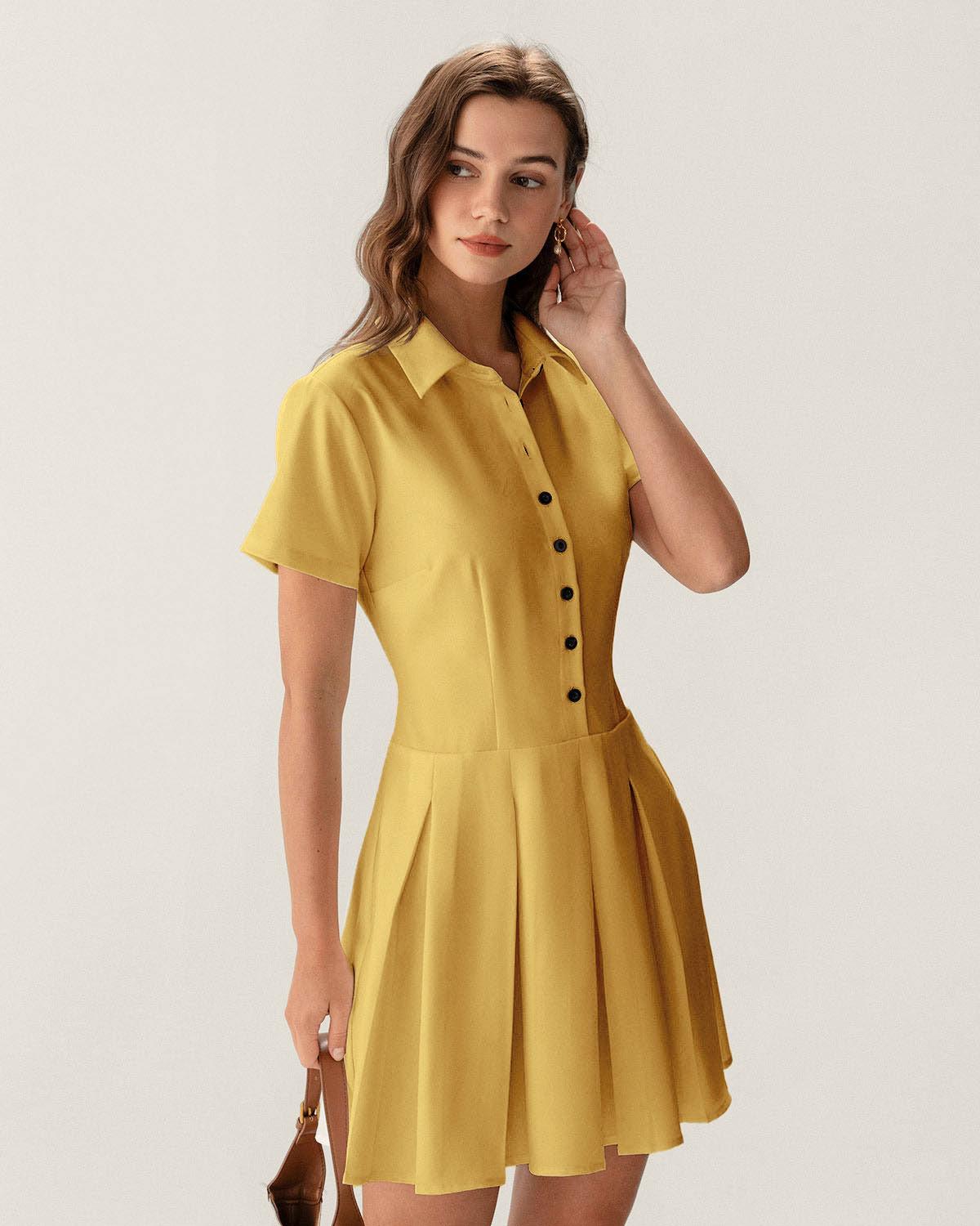 Yellow Button Pleated Mini Dress Product Image