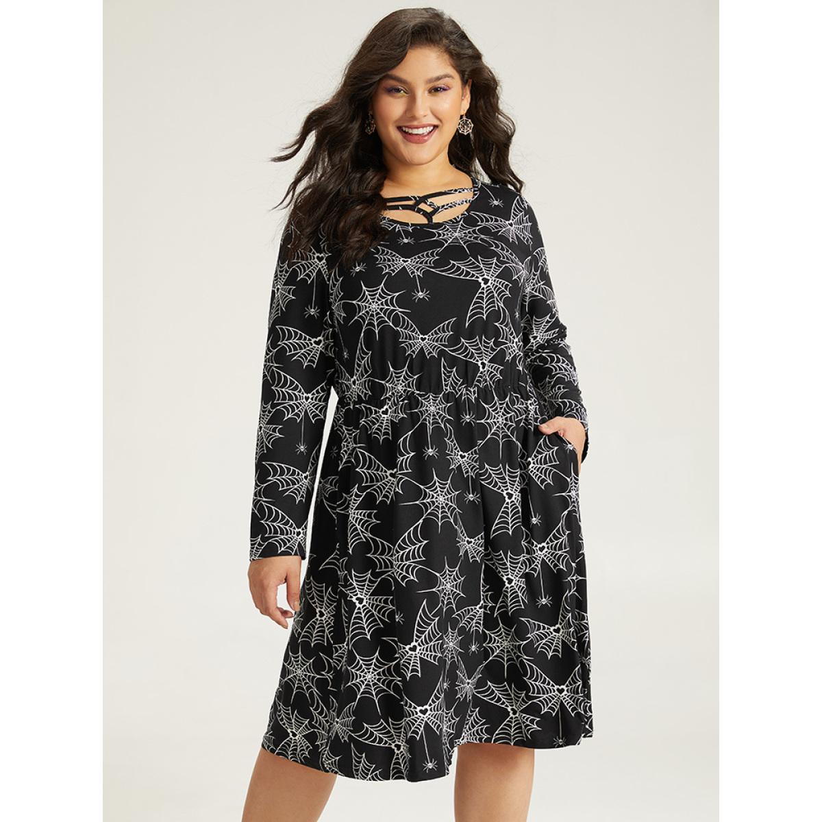 Plus Size Halloween Print Pocket Elastic Waist Crisscross Dress Black Women Casual Printed Round Neck Long Sleeve Curvy Midi Dress BloomChic 30/6X Product Image