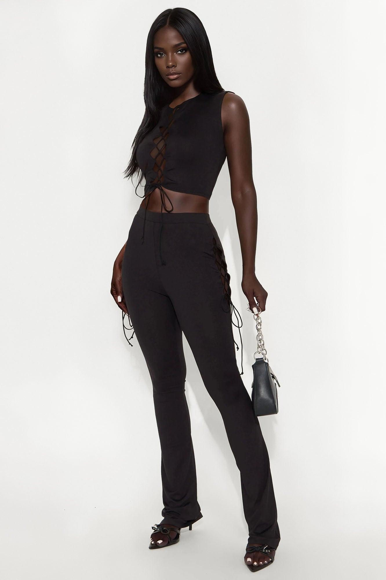 Emani Sleeveless Lace Up Flare Leg Pant Set - Black Female Product Image