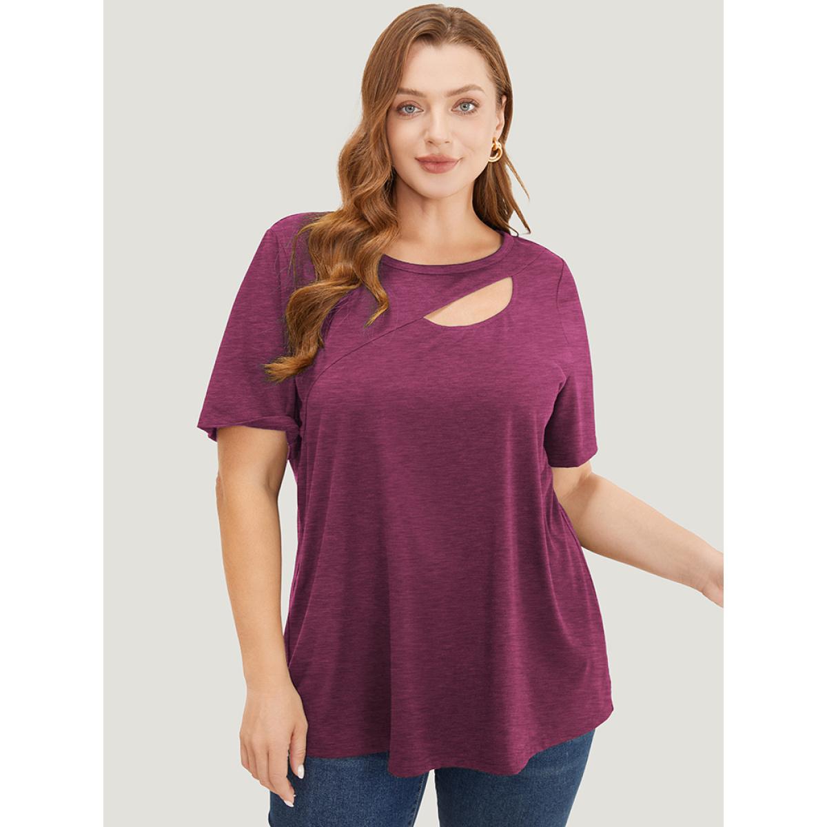 Plus Size Solid Cut Out Crew Neck T-shirt RedViolet Women Elegant Cut-Out Plain Round Neck Dailywear T-shirts BloomChic 18-20/2X Product Image