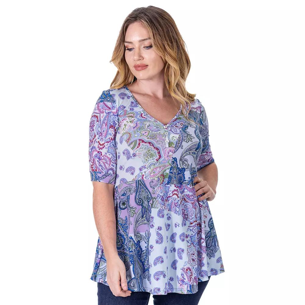 Women's 24seven Comfort Apparel Paisley Print V Neck Henley Tunic Top, Size: Medium, Purple Team Product Image