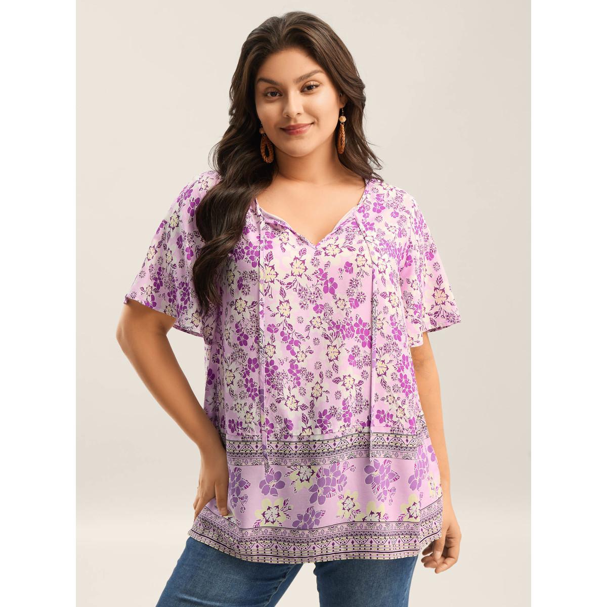 Plus Size Lilac Floral Print Neck Tie Flowy Blouse Women Boho Short sleeve Notched collar Vacation Blouses BloomChic 14-16/1X Product Image