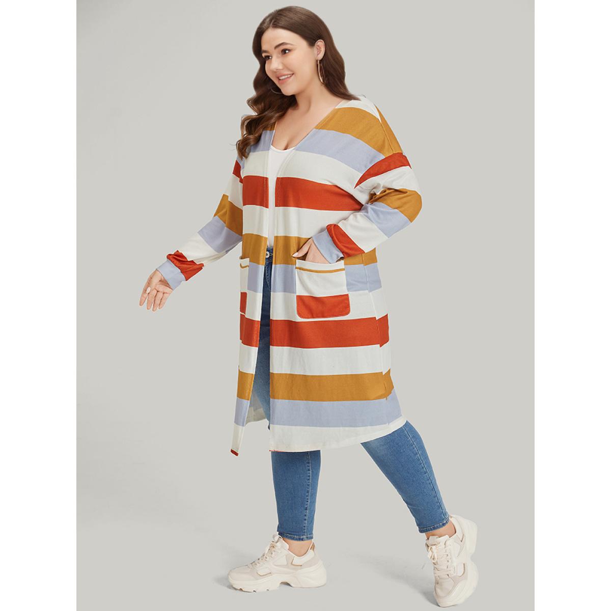 Plus Size Striped Contrast Patched Pocket Open Front Kimono Women Multicolor Casual Elastic cuffs Pocket Dailywear Kimonos BloomChic 12/L Product Image