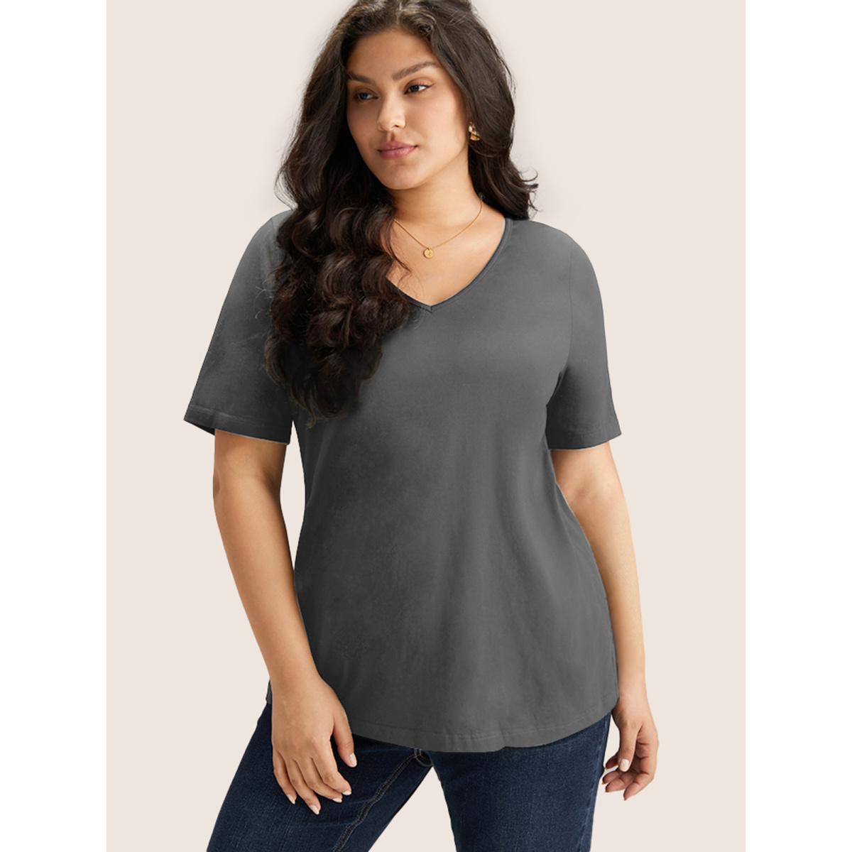 Plus Size Cotton V Neck Plain Basic T-shirt DimGray Women Basics Non Plain V-neck Everyday T-shirts BloomChic 22-24/3X Product Image