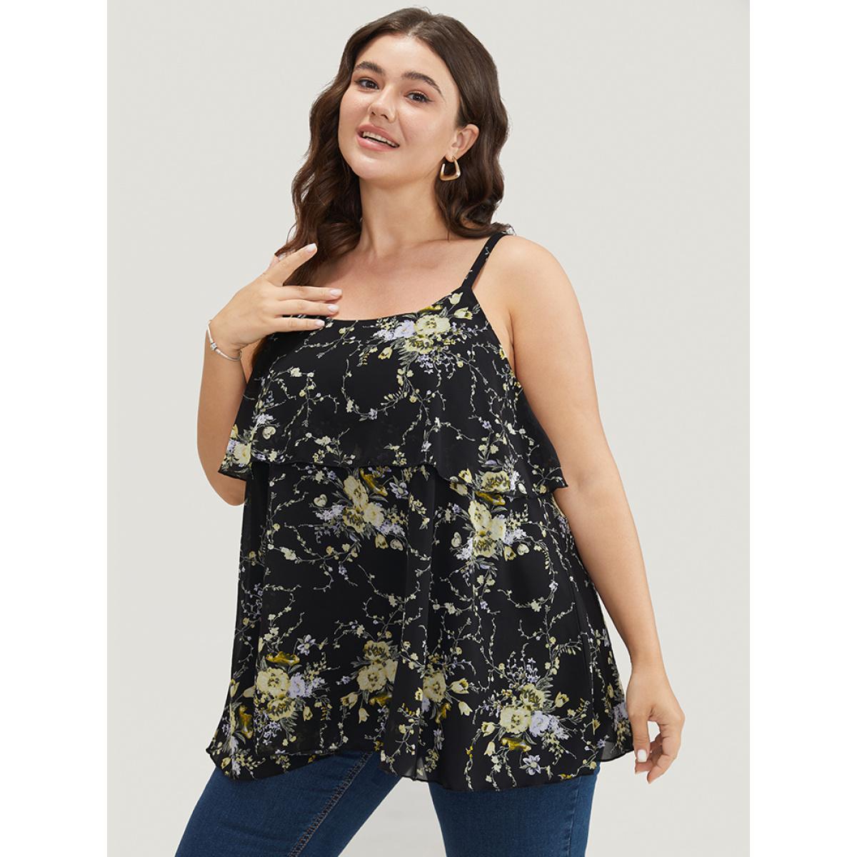 Plus Size Floral Print Adjustable Straps Tiered Hem Cami Top Women BlackFlower Elegant Adjustable Straps Spaghetti Strap Dailywear Tank Tops Camis BloomChic 10/M Product Image