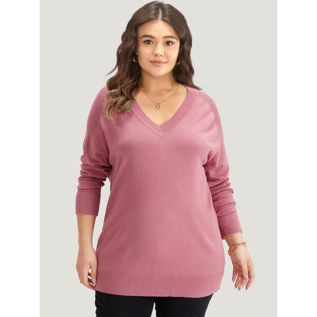 Plus Size Supersoft Essentials Solid Cut Out Patchwork Pullover DustyPink Women Casual Loose Long Sleeve V-neck Dailywear Pullovers BloomChic 26/4X Product Image