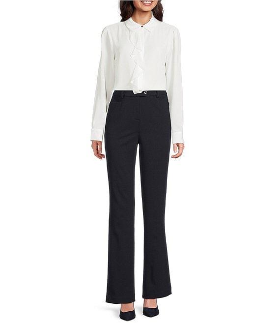 Calvin Klein Point Collar Long Sleeve Ruffle Button Front Blouse Product Image