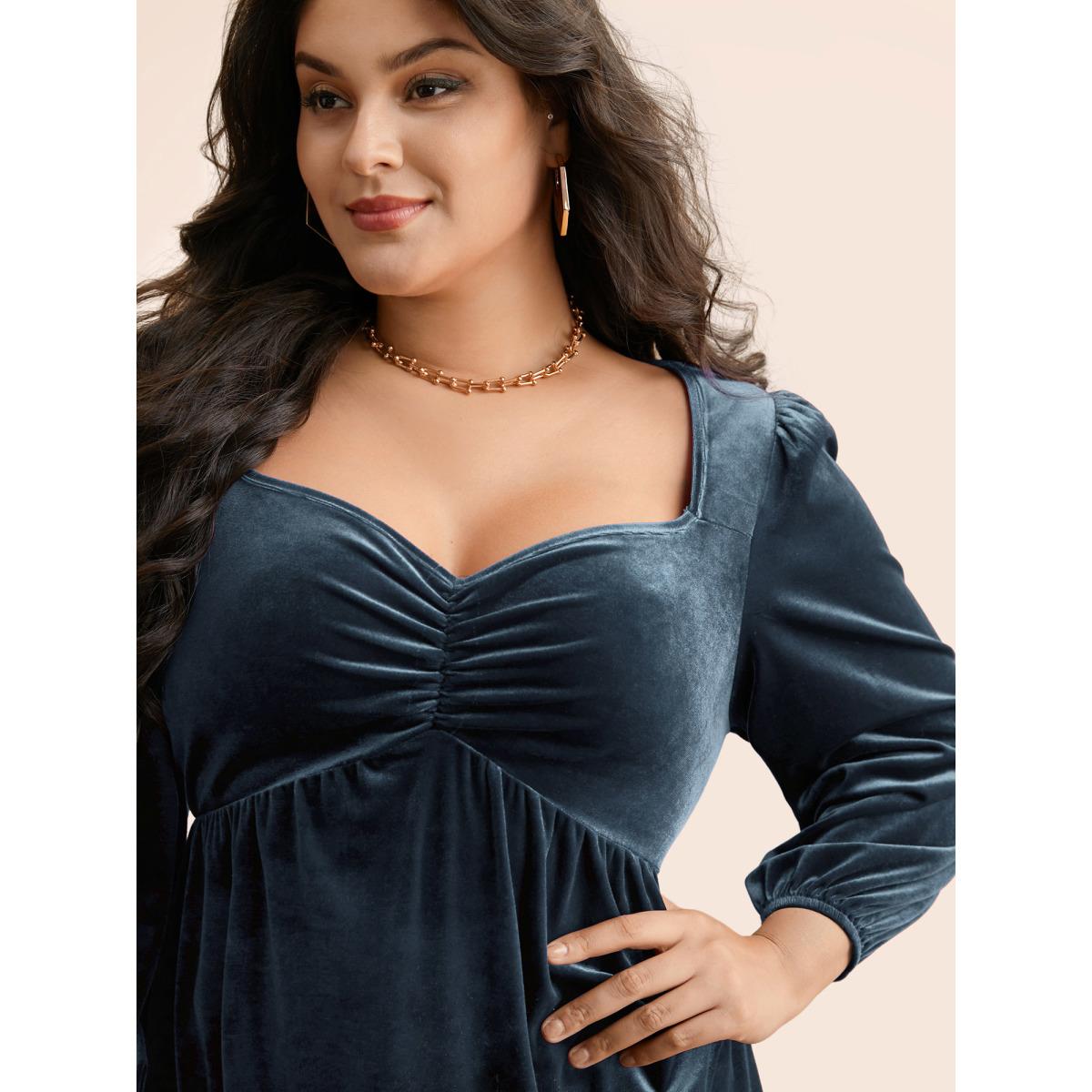 Plus Size DarkGreen Velvet Heart Neckline Gathered Blouse Women Timeless Three Quarter Length Sleeve Heart neckline Elegant Blouses BloomChic 10/M Product Image