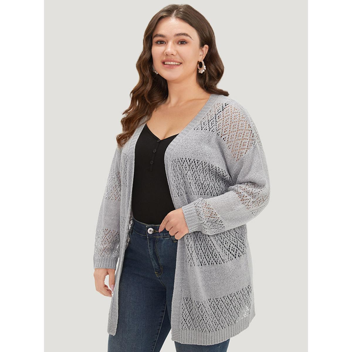 Plus Size Plain Geometric Eyelet Open Front Cardigan DarkGray Women Basics Loose Long Sleeve Everyday Cardigans BloomChic 18-20/2X Product Image