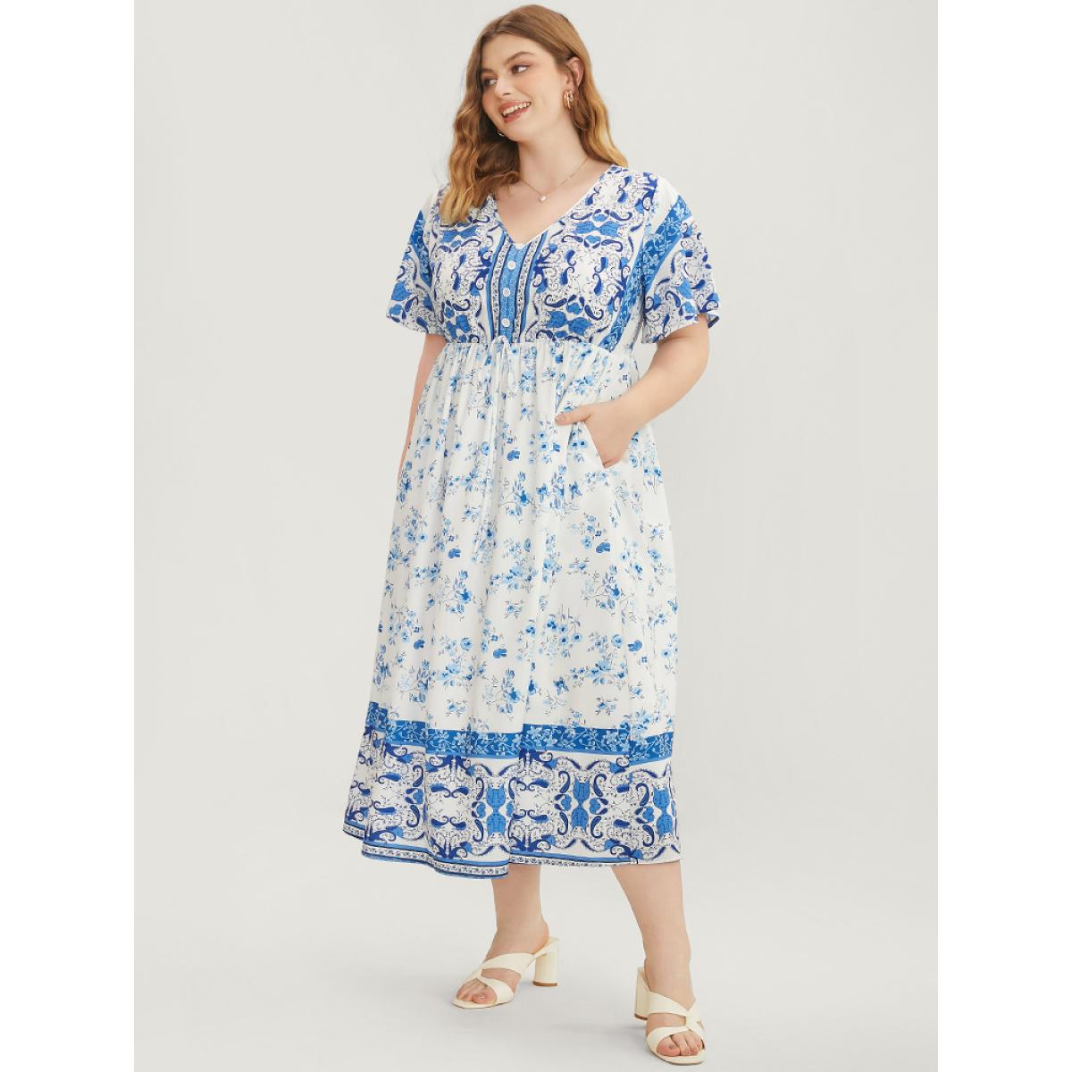 Plus Size Bandana Ruffle Sleeve Button Detail Pocket Ties Up Dress LightBlue Women Vacation Pocket V-neck Short sleeve Curvy Midi Dress BloomChic 12/L Product Image