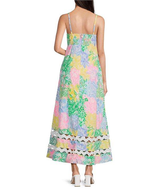 Lilly Pulitzer Poplin Bright Delight Patch Print Square Neck Sleeveless Ric Rac Maxi Dress Product Image