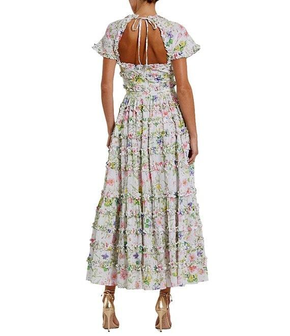 Mac Duggal Short Sleeve Tie Back Micro Ruffle Floral Print Cotton Midi Product Image