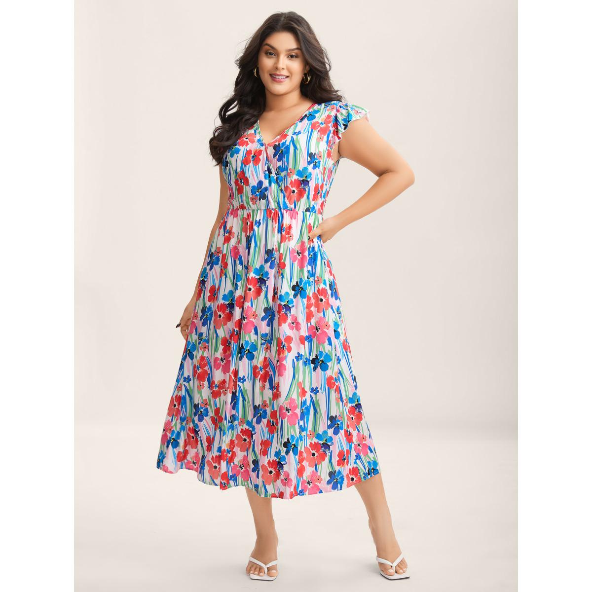 Plus Size Rayon Floral Print Surplice Pockets Midi Dress Multicolor Women Overlap Collar Cap Sleeve Curvy BloomChic 30/6X Product Image