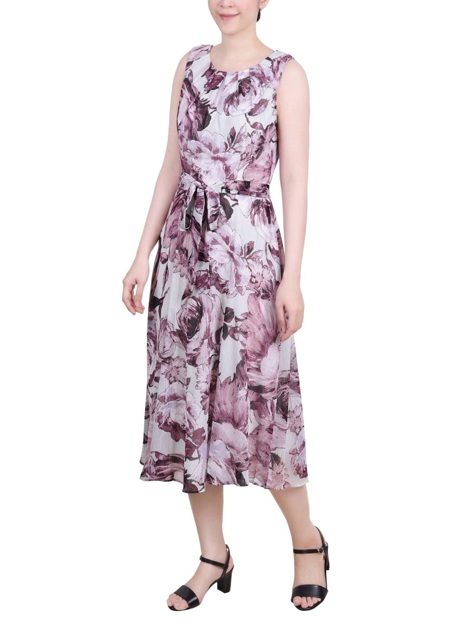 Sage Mauve Floral Sleeveless Chiffon Belted Dress - Petite Product Image