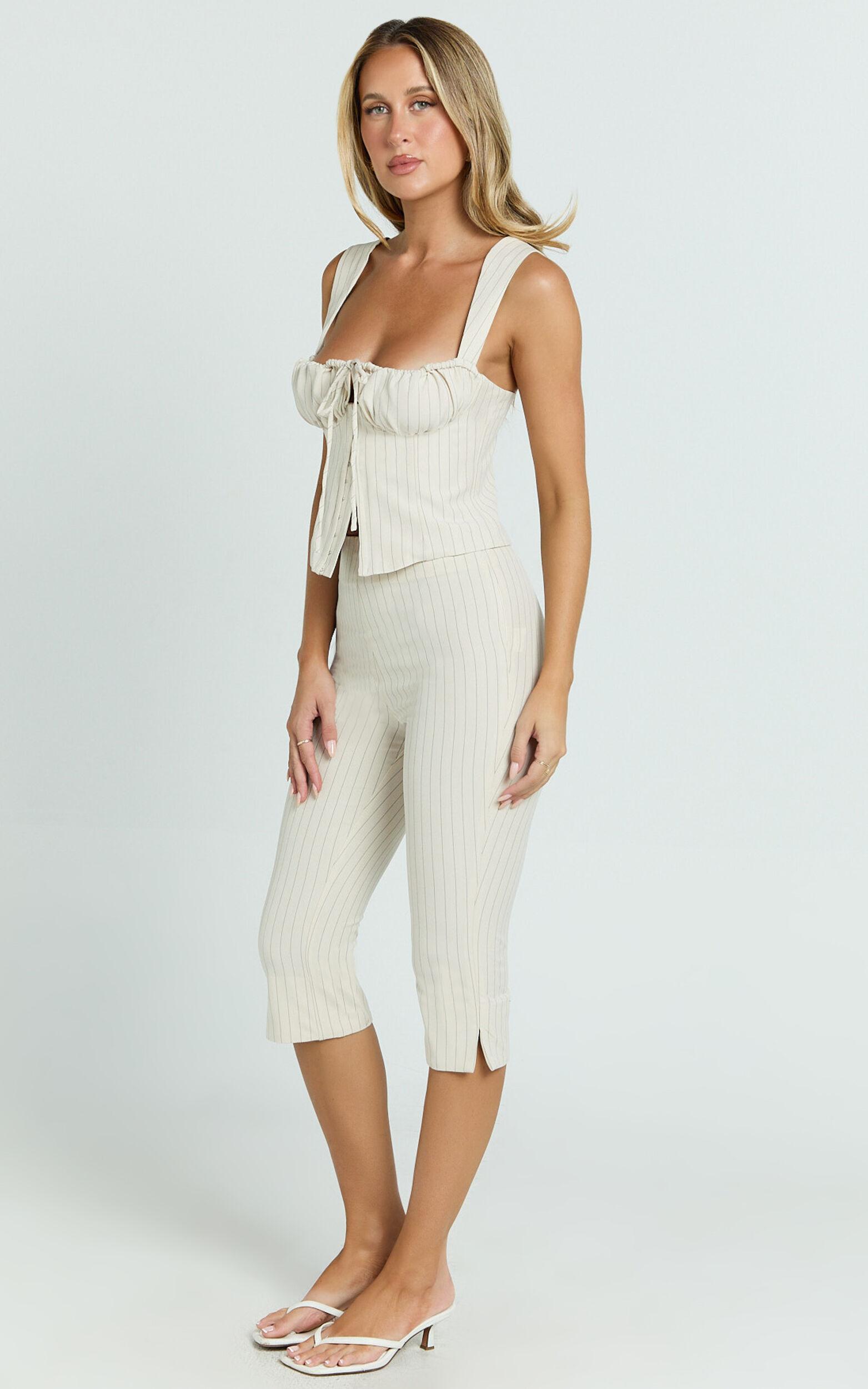 Susannah Pants - Pinstripe Fitted Split Leg Capri Pants in Cream Product Image