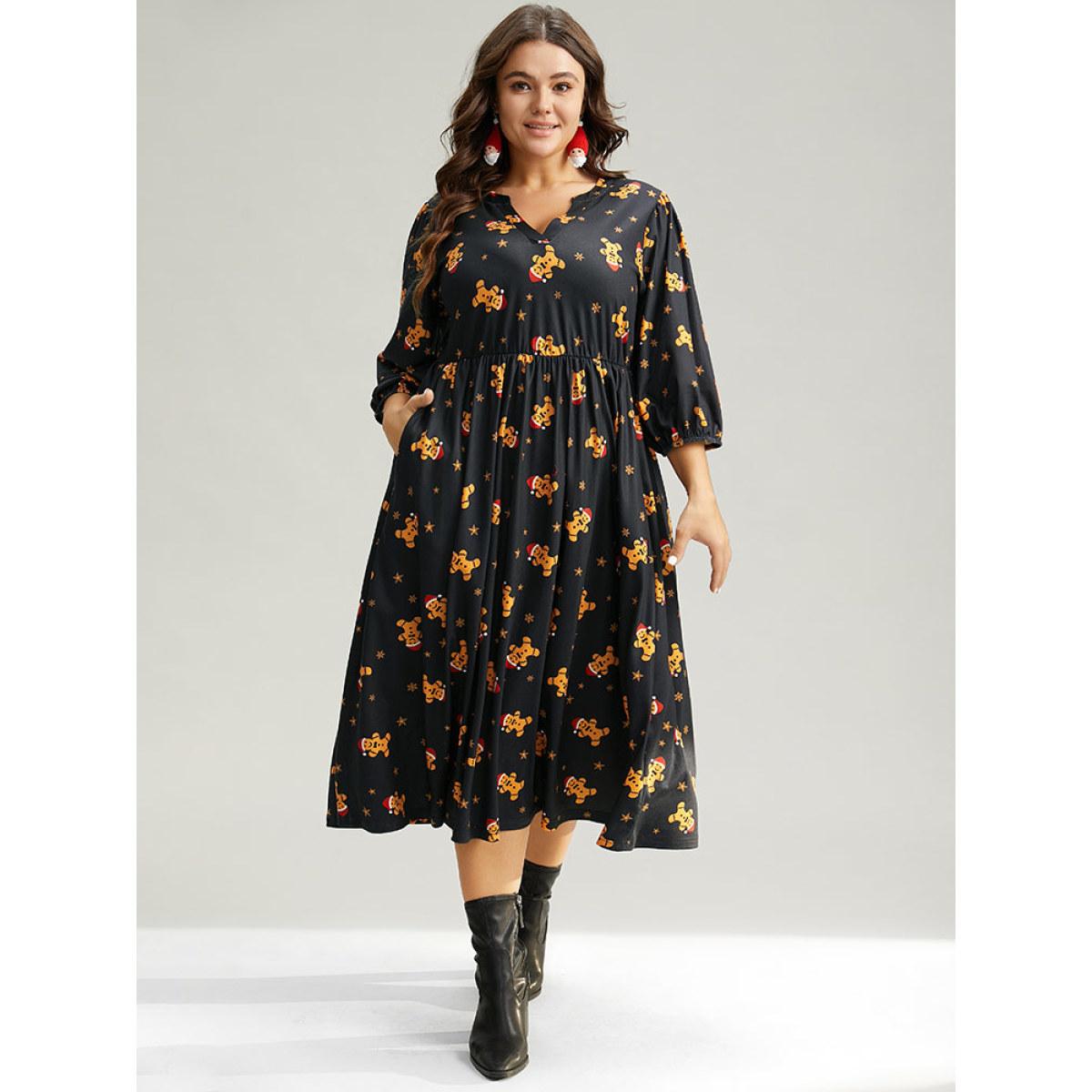Plus Size Christmas Print Notched Pocket Elastic Waist Dress Multicolor Women Casual Elastic cuffs Notched collar Elbow-length sleeve Curvy Midi Dress BloomChic 28/5X Product Image