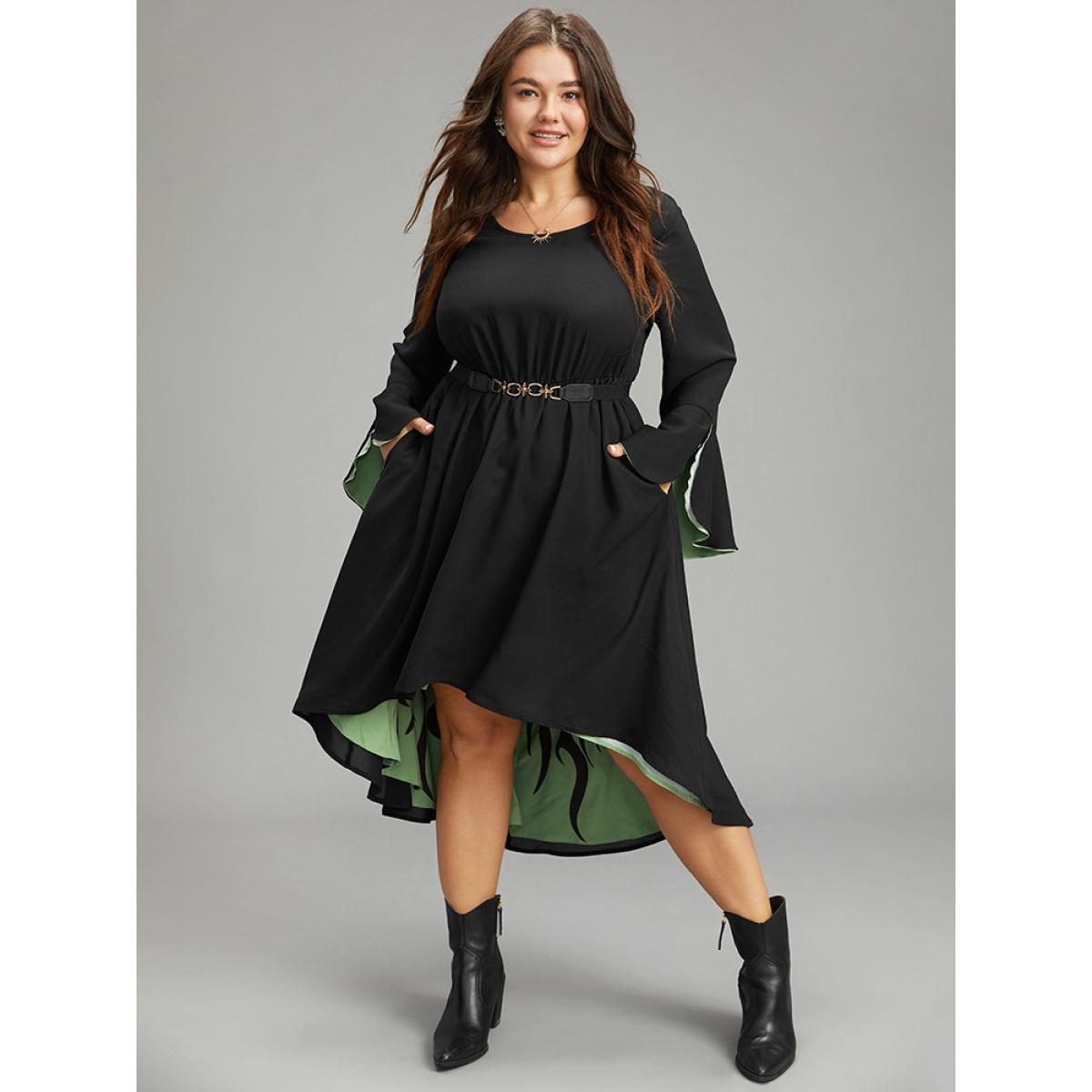 Plus Size Halloween Contrast Split Bell Sleeve High Low Hem Dress Navy Women Glamour Lined Round Neck Long Sleeve Curvy Midi Dress BloomChic 28/5X Product Image