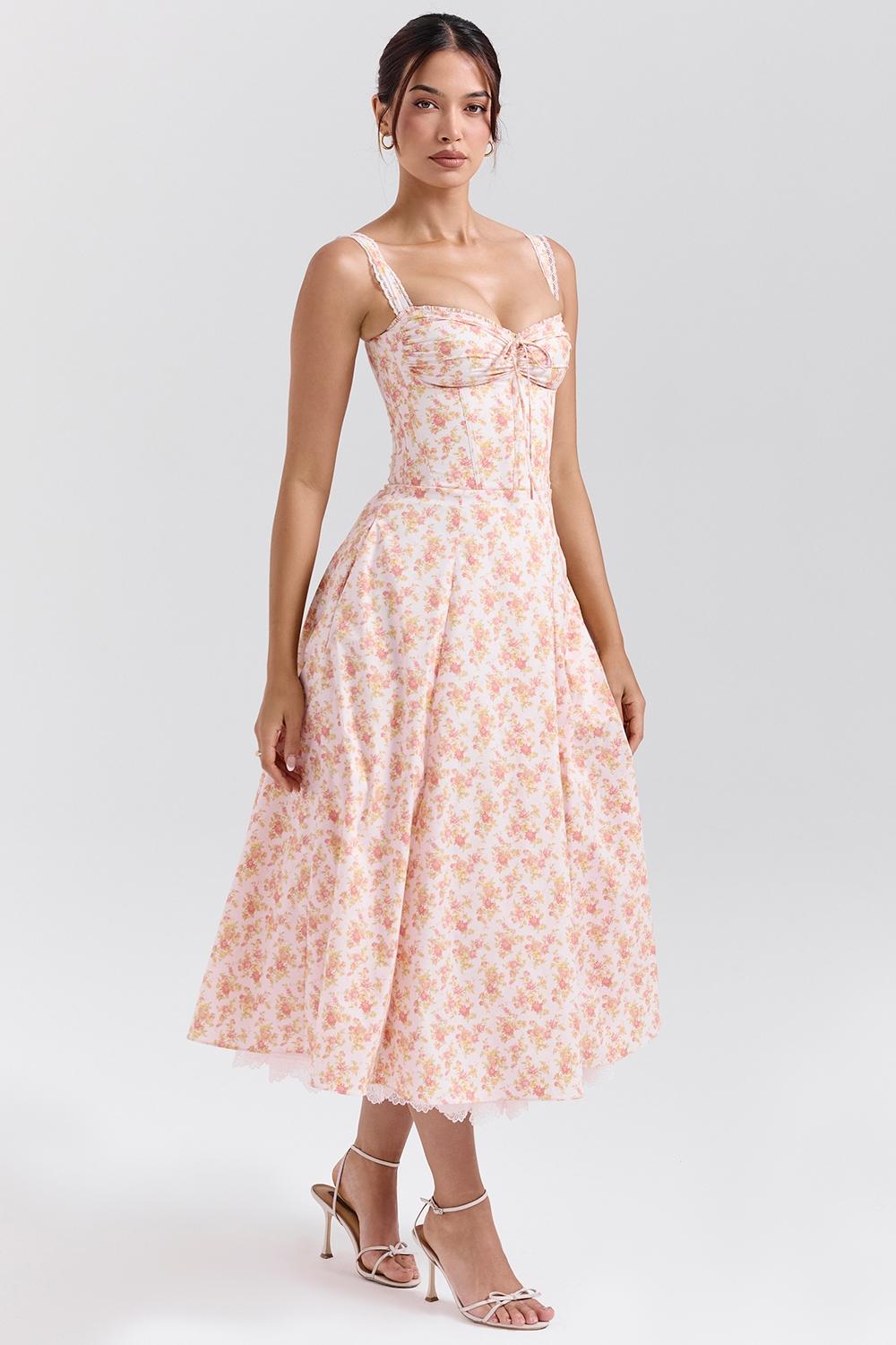 Rosalee  peach poppy print cotton bustier sundress Product Image