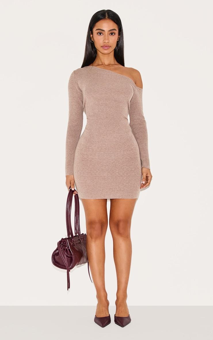 Petite Taupe Asymmetric Shoulder Ribbed Mini Dress Product Image