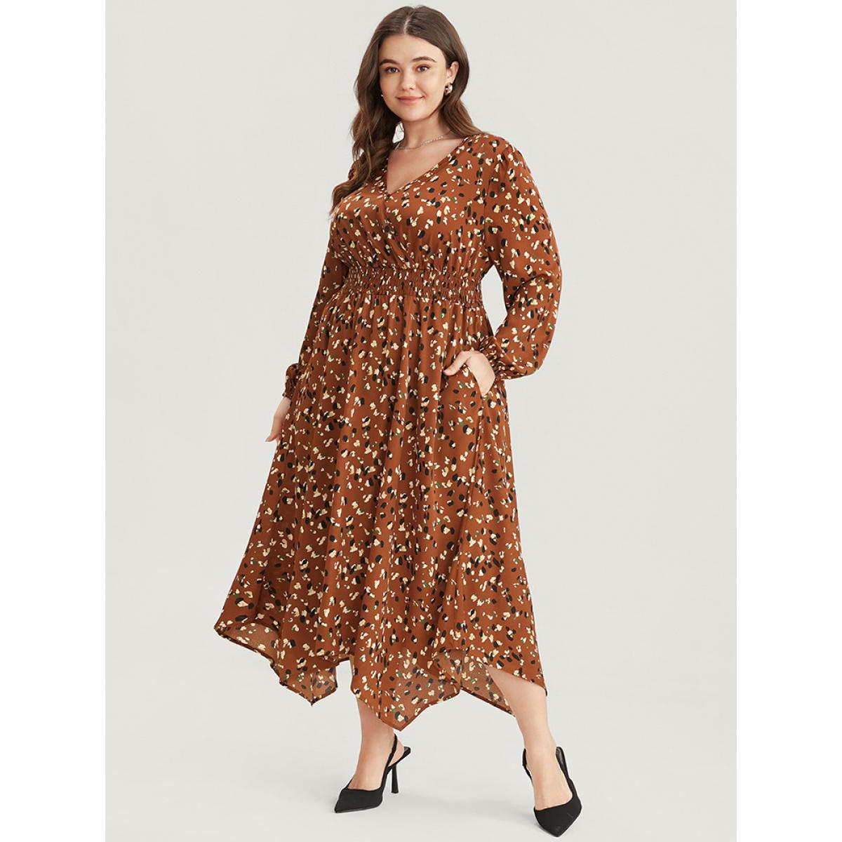 Plus Size Allover Print Shirred Pocket Surplice Neck Hanky Hem Dress Chocolate Women Elegant Asymmetrical V-neck Long Sleeve Curvy Midi Dress BloomChic 30/6X Product Image