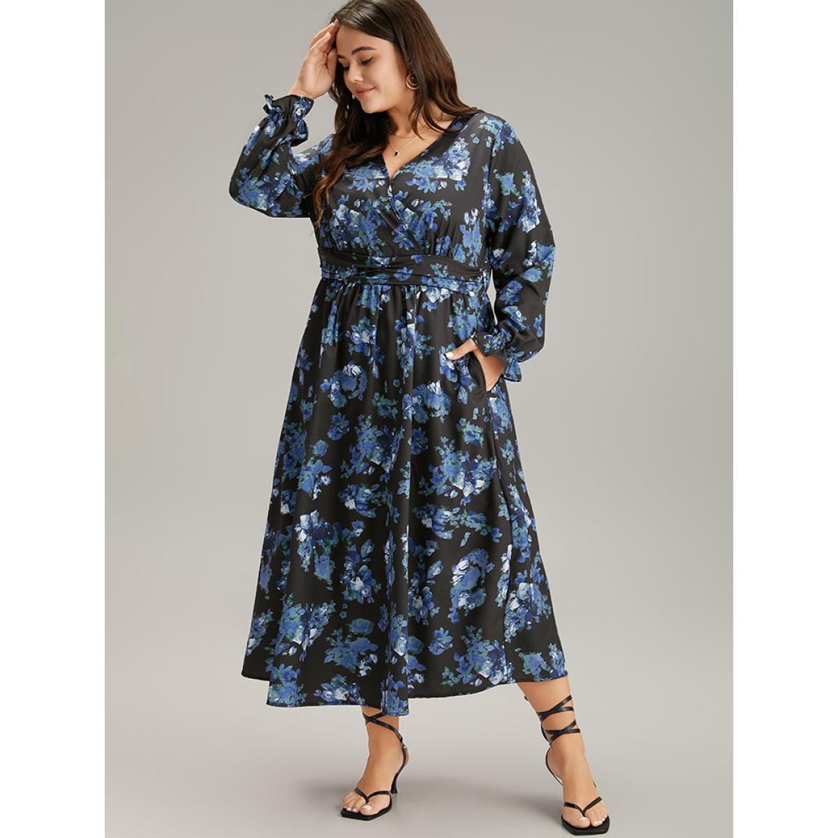 Plus Size Silhouette Floral Print Wrap Pocket Dress Black Women Elegant Gathered V-neck Long Sleeve Curvy Midi Dress BloomChic 12/L Product Image