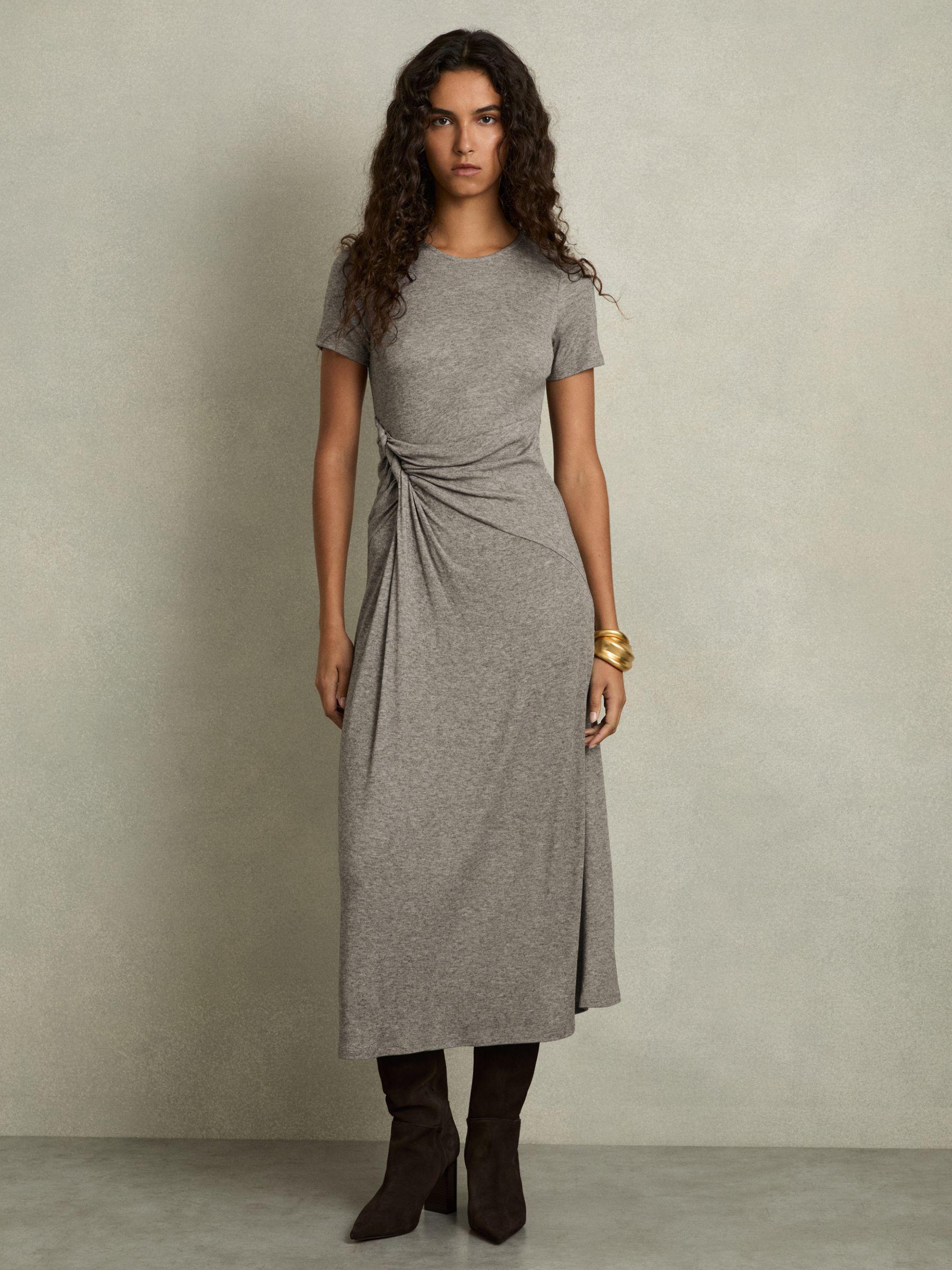 Petite Jersey Twist-Detail Midi Dress in Grey Product Image